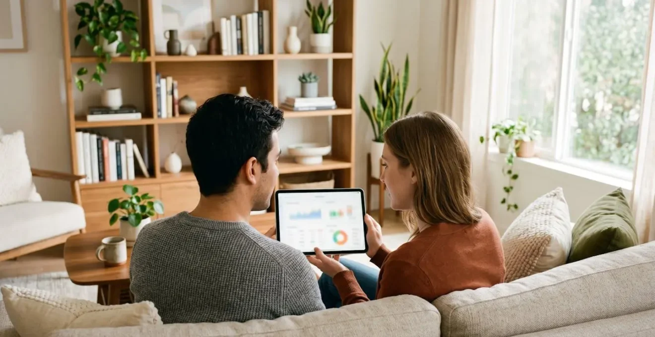 Couple de quarante ans assis sur un canapé contemporain consultant ensemble une tablette pour préparer leur épargne retraite