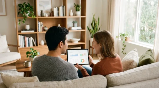 Couple de quarante ans assis sur un canapé contemporain consultant ensemble une tablette pour préparer leur épargne retraite