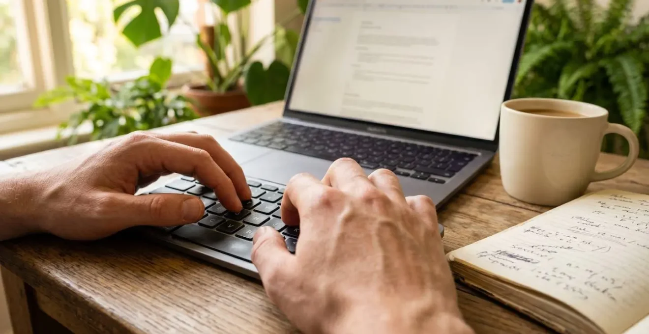 Gros plan sur les mains d'une personne tapant sur le clavier d'un ordinateur portable avec un cahier de notes manuscrites et une tasse de café posés à côté