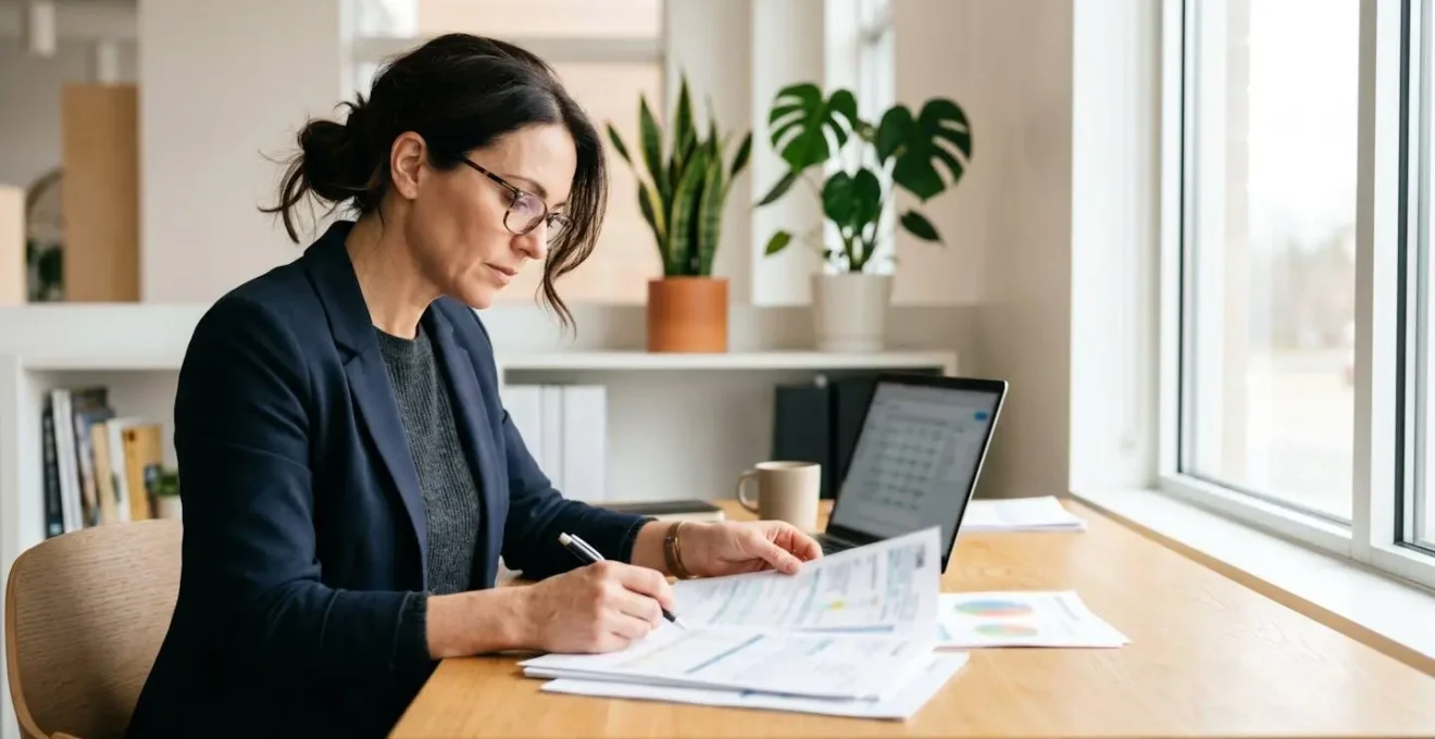 Femme professionnelle de quarante-cinq ans portant des lunettes de lecture analysant des documents fiscaux posés sur un bureau lumineux